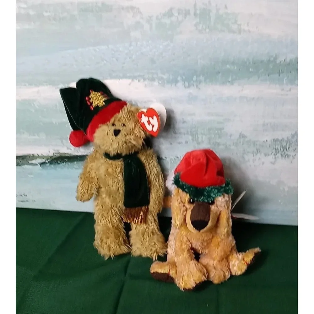 Lot Of 2 Christmas TY Beanie Babies JinglePup & Spruce Attic Treasures Santa Hat